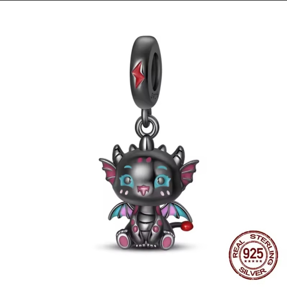 Black 925 Sterling Silver (Rhodium) Dragon Charm Bracelet Pendant Kawaii